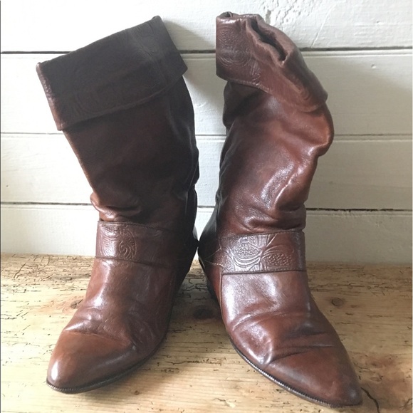 Vtg Italian Tooled Leather Fold-Over Boot 38 - Picture 4 of 8